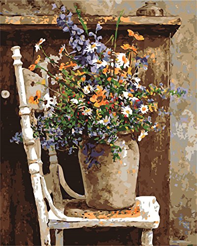 CaptainCrafts Malen nach Zahlen Erwachsene, Malen nach Zahlen Anfänger DIY Ölmalerei Kit 16x20 Zoll Kunsthandwerk Geschenk Zuhause Wanddekoration (Ohne Rahmen, Wilde Blumen Töpfe Stuhl) von CaptainCrafts
