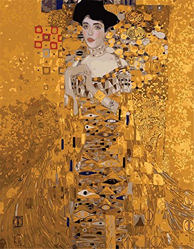 CaptainCrafts Malen nach Zahlen für Erwachsene, DIY Leinen Leinwand Ölmalerei Kit Wand Kunstwerk Geschenke Home Wall Decor 16 * 20 Zoll (Klimt Adele Porträts Goldfarbe, Mit Rahmen) von CaptainCrafts