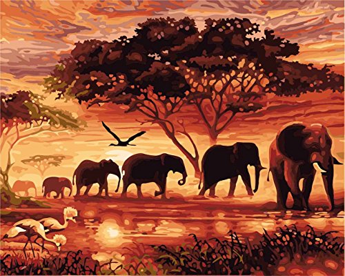 CaptainCrafts Neues Malen nach Zahlen für Erwachsene Anfänger DIY Ölgemälde 16x20 Zoll Twilight Forest Elephant Family (Ohne Rahmen) von CaptainCrafts