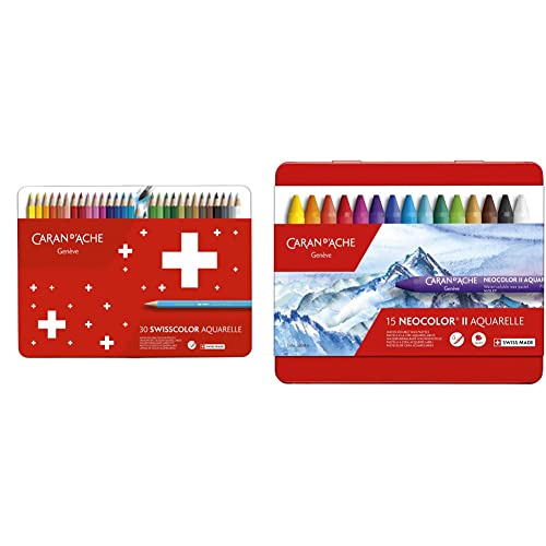 Caran d'Ache 1285.73 - SWISSCOLOR Aquarelle Buntstifte in Metallbox - 30 Stück & 7500.315 Neocolor II Kreiden Metalletui mit 15 Farben, Einheitsgröße von Caran d'Ache