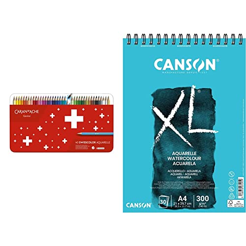 Caran d'Ache 1285.74 Swisscolor Aquarell Bleistifte, 40 Stück & CANSON XL Aquarelle C400039170: Aquarellpapier - Aquarellblock in DIN A4-300g - mit Spiralbindung als Ringbuch Blau von Caran d'Ache