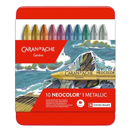 Caran d'Ache Metalldose mit 10 Wachspastellkreiden, verschiedene Metallic-Farben, Einheitsgröße (10er Pack) von Caran d'Ache