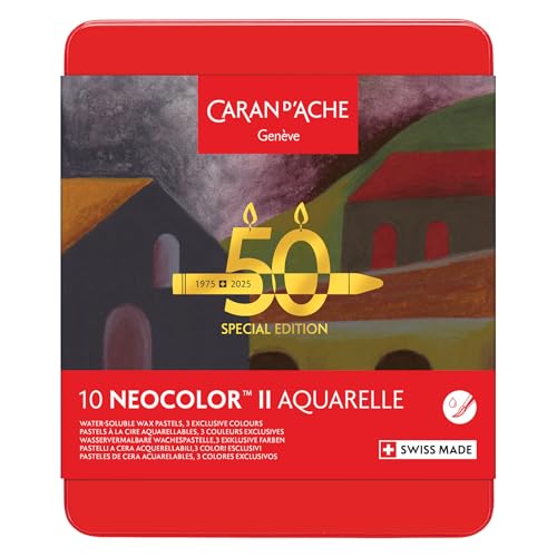 Caran d'Ache Neocolor II Wasserlösliche Wachspastellkreiden, 50 Jahre Sonderausgabe, dunkel, Dose mit 10 Farben, Kunstmalstifte, Kunstliebhaber, Geschenk, Kunstset, Pastellfarben, Ausmalen Caran d'Ache Neocolor II Wasserlösliche Wachspastellkreiden, 50 Jahre Sonderausgabe, dunkel, Dose mit 10 Farben, Kunstmalstifte, Kunstliebhaber, Geschenk, Kunstset, Pastellfarben, Ausmalen von Caran d'Ache