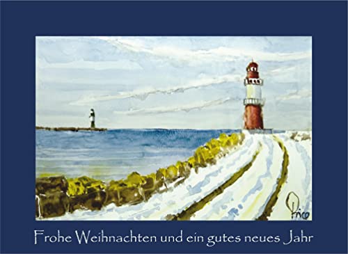 10 Weihnachtskarten, Winterkarten, Klappkarten DIN B6 mit Umschlag - Leuchtturm Warnemünde Rostock von Card Kunstverlag