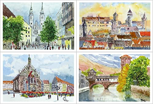 Card Kunstverlag 8 Grußkarten, Doppelkarten, Geburtstagskarten, Glückwunschkarten (4x2 Karten) DIN B6 mit Kuvert - Nürnberg (Lorenzkirche, Frauenkirche, Pegnitz, Altstadt) von Card Kunstverlag