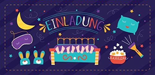 12 Einladungskarten Übernachtungsparty + 13 Aufkleber Gratis - Mädchen Jungen / Party Mitgebsel Karten Geburtstag Pyjamaparty Sleepover von CardWheels