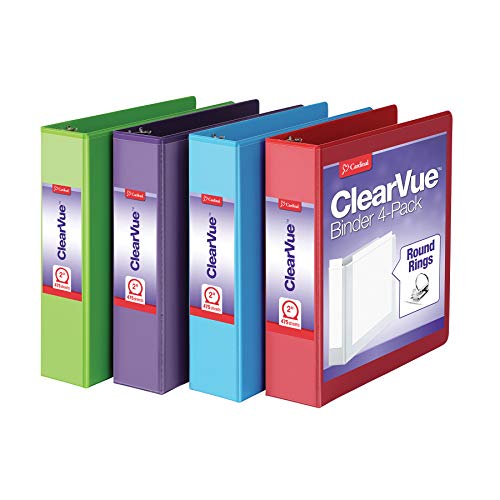 Cardinal 29311 Ringbuch, Ordner für Schule und Büro, robuster 5,1 cm Ordner mit runden Ringen, hält 475 Blatt, ClearVue-Einband, antihaftbeschichtet, PVC-frei, verschiedene Farben, 4 Stück von Cardinal