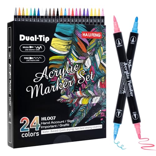 Carehabi Acrylstifte,24 Farben Acrylfarben Stifte Dual Tip Acrylmarker für Steine,Porzellan, Keramik & Glas,Wasserfest Acrylic Paint Marker Set für DIY Kunsthandwerk machen von Carehabi