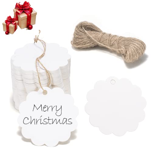 Carehabi Geschenkanhänger Hochzeit Weiß 100 stück Rund Keksförmig Etiketten Weihnachten mit 30m Juteschnur, Anhänger für Geschenk Weihnachten Ostern (6x6cm) von Carehabi