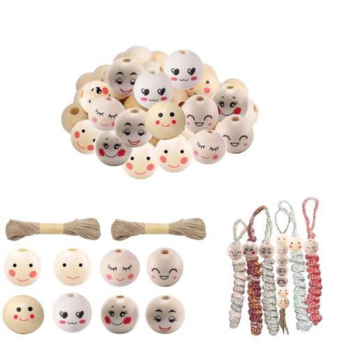 Carexult 160 Stück 8 Stile Holzperlen mit Gesicht, Runde Holzperlen 20mm, Naturholzperlen für DIY Handwerk Halskette Kinderbasteln Dekorationen, Schmuck Armband Halskette von Carexult