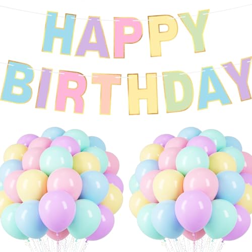 50 Stück 30,5 cm Pastell-Luftballons in verschiedenen Farben, Macaron-Ballons mit Happy Birthday-Banner und Bändern für Kindergeburtstag, Geburtstag, Babyparty, Einhorn-Party-Dekorationen von Carileee