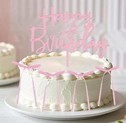 Carileee Rosa Schleife Cake Topper Ribbion Cake Topper mit Happy Birthday Zeichen Kokette Motto Party Rosa Vintage Cupcake Topper von Carileee