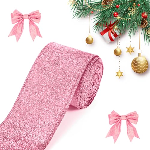 Pinkes Glitzerband, rosa Band mit Draht mit rosa Metallic-Rand, für Geschenkverpackungen, DIY-Schleifen, Weihnachtsbaumkranz, Basteln, Heimdekorationen (6,3 cm x 9,1 m) von Carileee