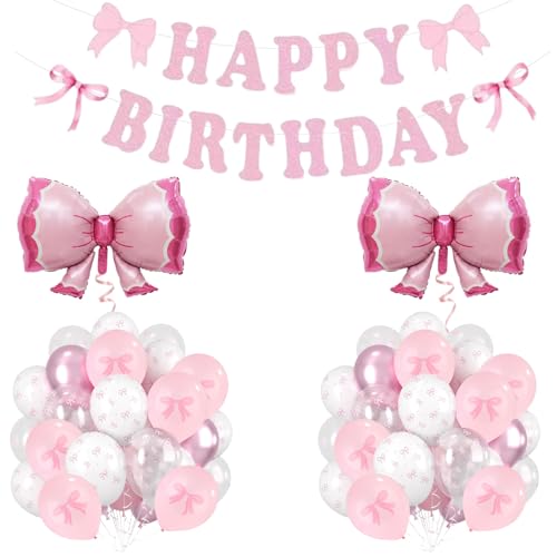 Rosa Schleife Geburtstag Party Dekorationen für Mädchen, Kokette Geburtstag Dekorationen mit B-o-w Banner, Happy Birthday Banner, Rosa Weiß Schleife Luftballons, Stern Ballons für Mädchen Party Rosa Schleife Geburtstag Party Dekorationen für Mädchen, Kokette Geburtstag Dekorationen mit B-o-w Banner, Happy Birthday Banner, Rosa Weiß Schleife Luftballons, Stern Ballons für Mädchen Party von Carileee