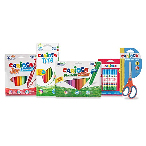 Carioca All Set für EL Cole | Schulzubehör-Set: Super waschbare Filzstifte, Buntstifte, Kunststoff, Kleber und Schere mit runder Spitze, 40 Stück von Carioca