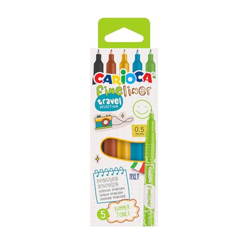 Carioca Fineliner Modell Travel | Box mit 5 Finelinern im Sommerton | präzise Spitze 0,5 mm | Made in Italy mit hellen Farben | 5 Stück von Carioca