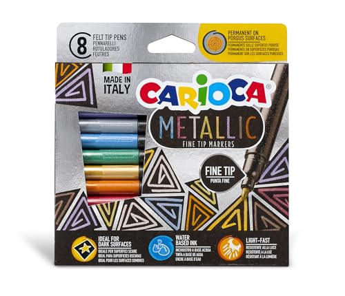 Carioca Metallic-Marker mit feiner Spitze, 8 Filzstifte mit Metallic-Finish für alle Oberflächen, auf Wasserbasis, Blockspitze, aus recyceltem Material Carioca Metallic-Marker mit feiner Spitze, 8 Filzstifte mit Metallic-Finish für alle Oberflächen, auf Wasserbasis, Blockspitze, aus recyceltem Material von Carioca