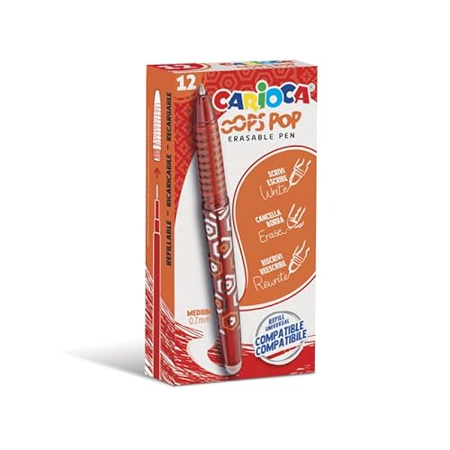 Carioca Oops Pop Radierbare Stifte Rot - 12 Stück | Set löschbare nachfüllbare Stifte für Schule und Büro mit Kapuze, doppeltem Gummi und ergonomischem Griff, rote Stifte, 12 Stück von Carioca