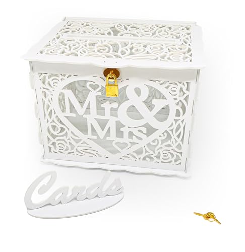 Carlso Geschenkkartenbox Hochzeit Geschenkkarten Box, Vintage groß Holz Kartenbox Karten Geld Box Briefbox mit Schloss Schlitz für Hochzeit Geburtstag (Weiß) (weiß) von Carlso