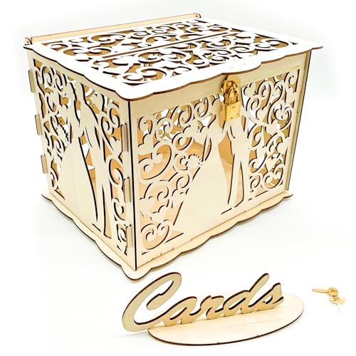Carlso Geschenkkartenbox Hochzeit Geschenkkarten Box, Vintage groß Holz Kartenbox Karten Geld Box Briefbox mit Schloss Schlitz für Hochzeit Geburtstag (natur) von Carlso