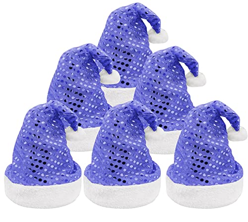 Carnavalife Weihnachtsmann-Mütze mit Pailletten, Weihnachtsmütze, Neujahrskostüm, Weihnachtsmann-Hut mit weißem Pompon und Plüschflügel, 6 Stück (Blau, Erwachsenengröße) von Carnavalife