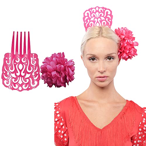 Großer Flamenca-Kamm, 18 x 13 cm und Blumenhaarclips für Partys, Sevillana, 2 Stück (einfarbig) von Carnavalife
