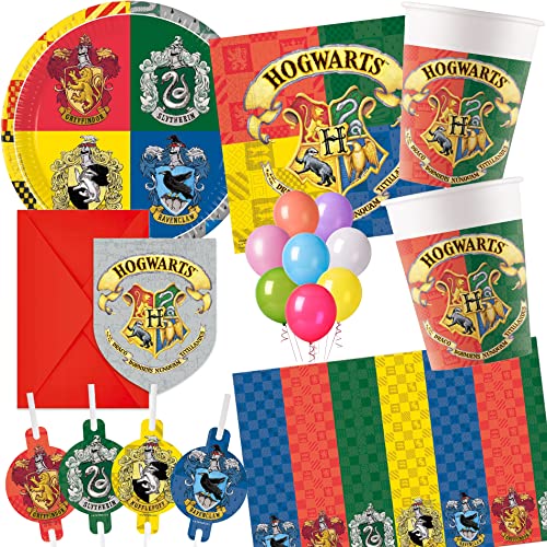 101-teiliges Party Set * HARRY POTTER * für Kindergeburtstag mit Teller + Becher + Servietten + Einladungen + Trinkhalme + Tischdecke + Luftschlangen + Luftballons uvm | Jungen Hogwarts von Carpeta