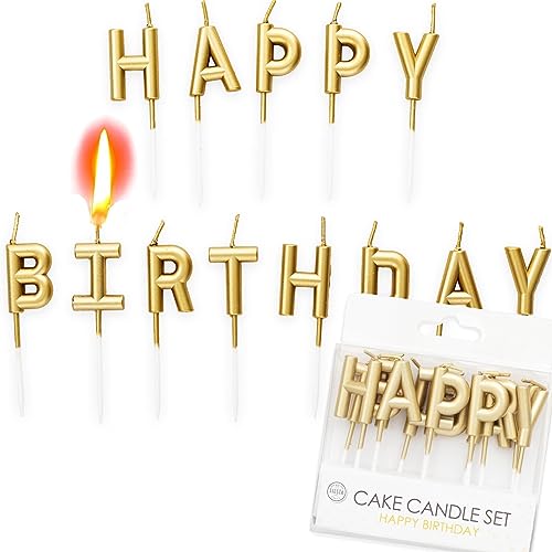 13-teiliges Kerzen Set * Happy Birthday * mit Steckfuß | ca. 26cm x 8cm groß | Gold Silber Rosegold Deko Geburtstag Geburtstagskerze, Farbe: Gold von Carpeta
