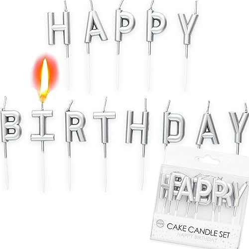 13-teiliges Kerzen Set * Happy Birthday * mit Steckfuß | ca. 26cm x 8cm groß | Gold Silber Rosegold Deko Geburtstag Geburtstagskerze, Farbe: Silber von Carpeta