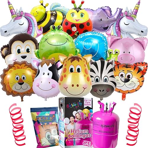 14x Tier Ballons plus Helium Ballongas Flasche | Heliumflasche Set + Knickventil + Folienballons + Folienballons | Kindergeburtstag Deko Zoo Party, Edition: 14 Tier Ballons + Helium Gasflasche von Carpeta