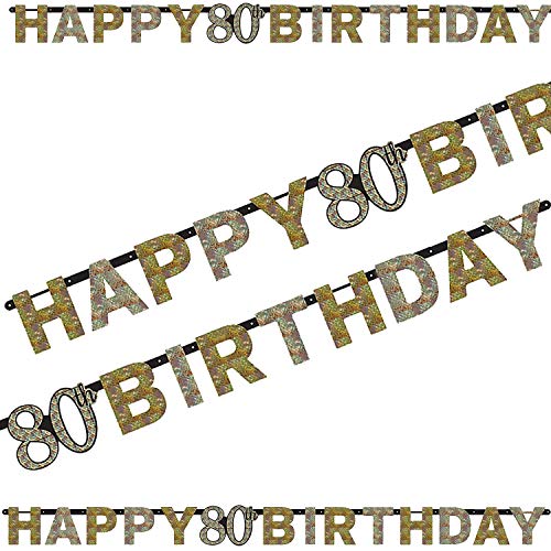 2,13m Partykette * Happy 80 Birthday * in Gold-Silber-Schwarz | Glitzer Deko zum 80. Geburtstag oder Jubiläum | Sparkling Dekoration von Carpeta:
