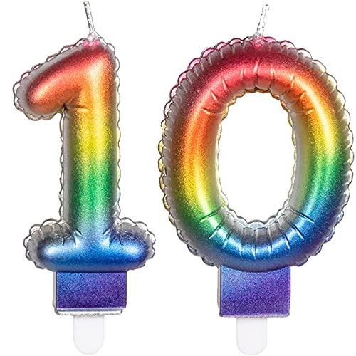 2 Zahlenkerzen * ZAHL 10 * in Regenbogen-Farben mit Steckfuß | ca. 9cm x 5,5cm groß | Farben Rainbow Deko Geburtstag Geburtstagskerze Kerze von Carpeta