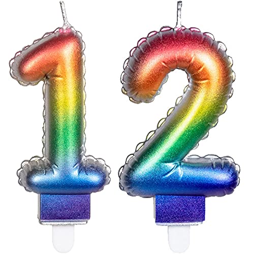 2 Zahlenkerzen * ZAHL 12 * in Regenbogen-Farben mit Steckfuß | ca. 9cm x 5,5cm groß | Farben Rainbow Deko Geburtstag Geburtstagskerze Kerze von Carpeta