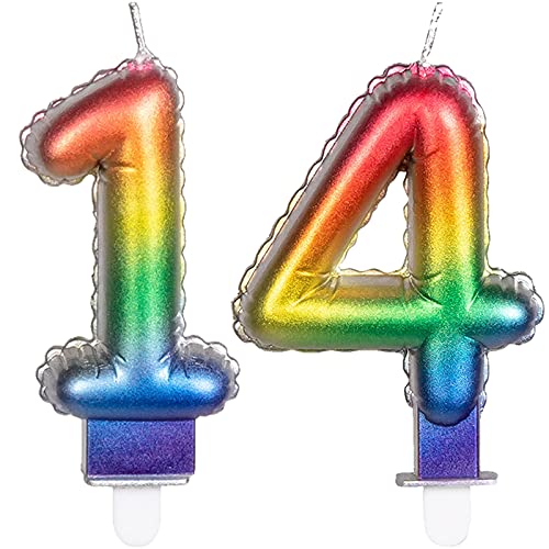 2 Zahlenkerzen * ZAHL 14 * in Regenbogen-Farben mit Steckfuß | ca. 9cm x 5,5cm groß | Farben Rainbow Deko Geburtstag Geburtstagskerze Kerze von Carpeta
