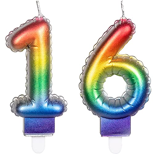 2 Zahlenkerzen * ZAHL 16 * in Regenbogen-Farben mit Steckfuß | ca. 9cm x 5,5cm groß | Farben Rainbow Deko Geburtstag Geburtstagskerze Kerze von Carpeta