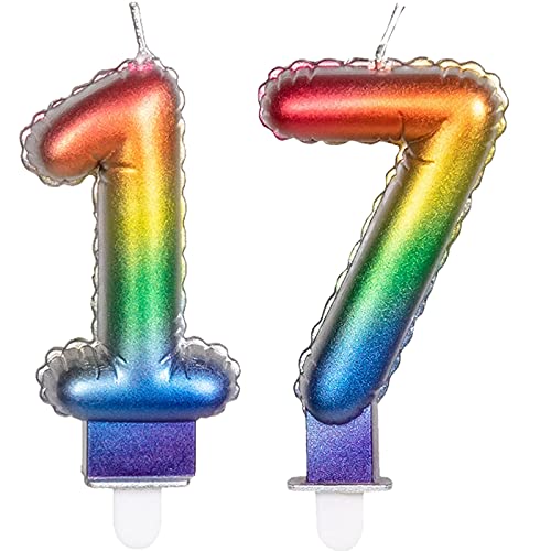 2 Zahlenkerzen * ZAHL 17 * in Regenbogen-Farben mit Steckfuß | ca. 9cm x 5,5cm groß | Farben Rainbow Deko Geburtstag Geburtstagskerze Kerze von Carpeta