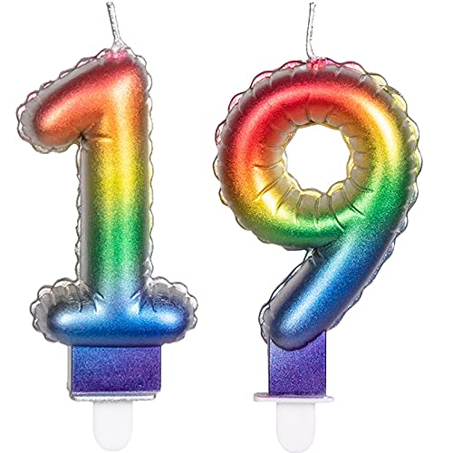 2 Zahlenkerzen * ZAHL 19 * in Regenbogen-Farben mit Steckfuß | ca. 9cm x 5,5cm groß | Farben Rainbow Deko Geburtstag Geburtstagskerze Kerze von Carpeta