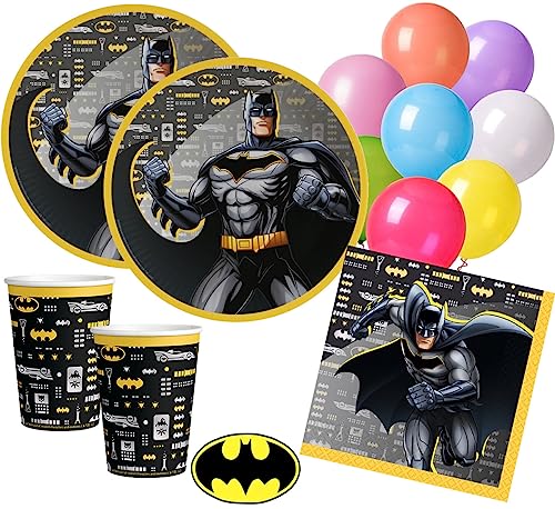33-tlg. Batman-Set mit Pappteller + Servietten + Pappbecher + Luftballons | Geschirr Party Deko Dekoration Geburtstag Mottoparty Superman Superheld Kinderheld Kinderstar von Carpeta