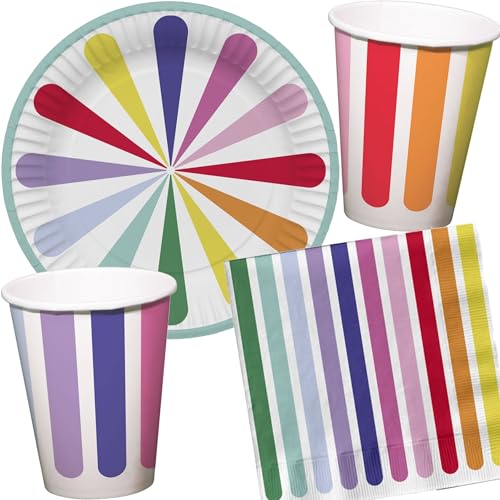 37-teiliges Party-Set * BUNTE STREIFEN * mit Teller + Becher + Servietten + Luftballons für Geburtstag und Party | Kindergeburtstag Partydeko Deko von Carpeta
