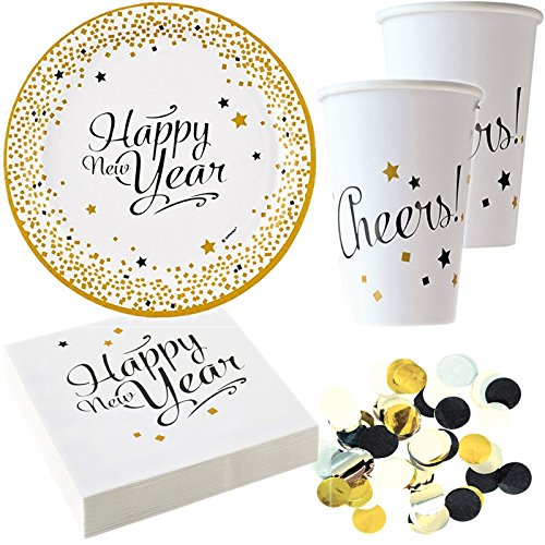 37-teiliges Partyset * HAPPY NEW YEAR * Silvester // für Silvesterparty Party // mit Teller + Becher + Servietten + Konfetti // Deko gold silber schwarz Frohes Neues Jahr Neujahr Neujahrsfeier von Carpeta