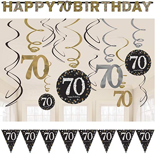39-teiliges Deko-Set * Zahl 70 - Glitzerndes Happy Birthday * für Geburtstag und Jubiläum | Perfekte Dekoration mit Wimpelkette + Partykette + Deko-Wirbel + Luftballons von Carpeta: