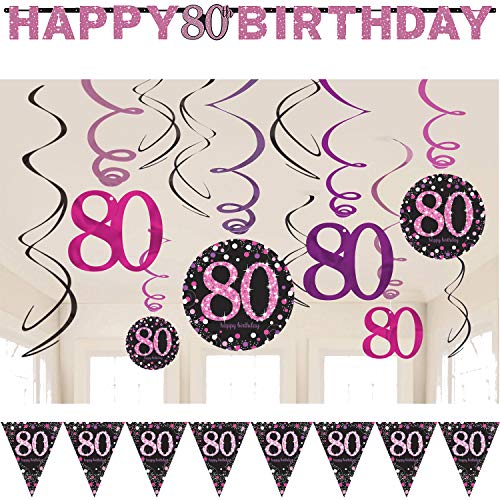 39-teiliges Deko-Set * Zahl 80 - Glitzerndes Happy Birthday * in Pink für Geburtstag und Jubiläum | Perfekte Dekoration mit Wimpelkette + Partykette + Deko-Wirbel + Luftballons | Oma Großmutter 80. von Carpeta: