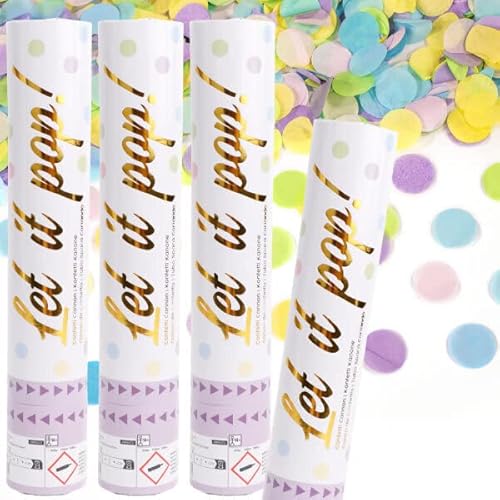 4 x Konfetti-Kanonen für einen Konfetti-Regen | 2-3m Effekthöhe, 28cm Party Popper mit Folien- und Papierkonfetti | Konfettikanone Hochzeit Geburtstag, Edition: Konfettikanone Bunt Pastell von Carpeta