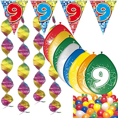 CARPETA 54-teiliges Partydeko Set * Zahl 9 * für Kindergeburtstag oder 9. Geburtstag mit Girlande, Rotorspiralen, Luftschlangen und vielen Luftballons von Carpeta