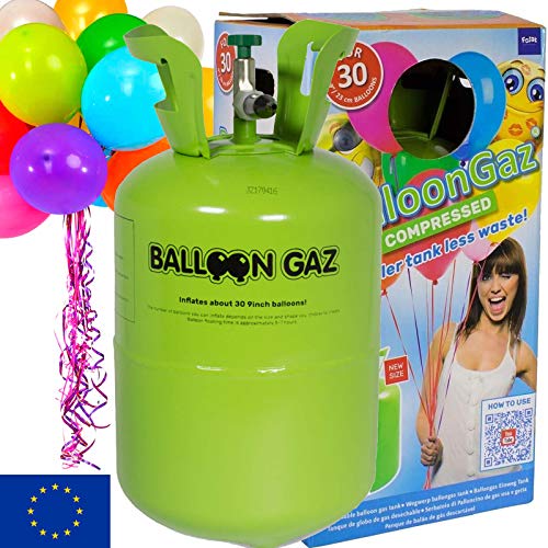 BALLONGAS FÜR 30 LUFTBALLONS + 25 BALLONS + FÜLLVENTIL + 25 ÖKO-BALLONSCHNUR | Helium Einweg Flasche Luftballon Folienballon Deko Geburtstag Party Hochzeit von Carpeta