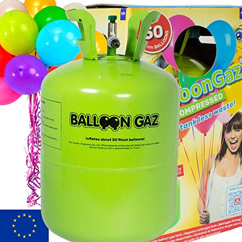 BALLONGAS FÜR 50 LUFTBALLONS + 50 BALLONS + FÜLLVENTIL + 50 ÖKO-BALLONSCHNUR | Helium Einweg Flasche Luftballon Folienballon Deko Geburtstag Party Hochzeit von Carpeta