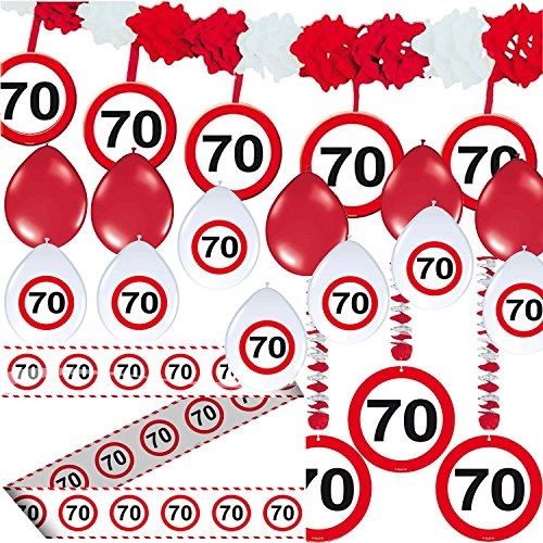 CARPETA 23-TLG. Partyset * 70. Geburtstag * mit Verkehrschild Deko: Girlande + Rotorspiralen + Absperrband und vielen Luftballons Dekoset Dekobox Verkehrsschild siebzig Schild Jubiäum von Carpeta