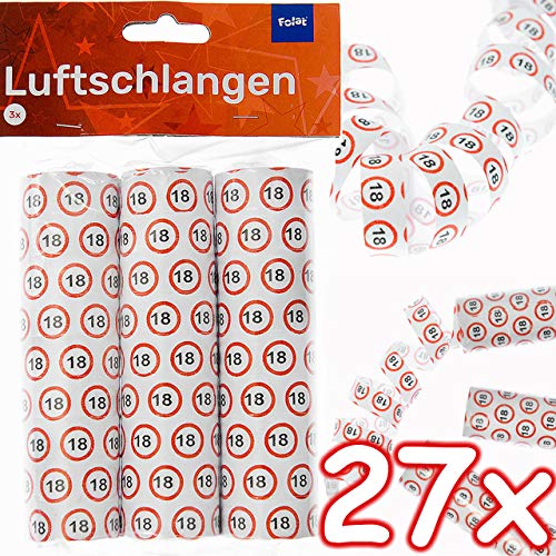 Carpeta 27 Luftschlangen * 18. Geburtstag * als Deko für Party und Birthday | 3 Rollen mit je 9 Schlangen mit Verkehrsschild Zahl 18 | Tischdeko Streamer Volljährigkeit Erwachsen von Carpeta