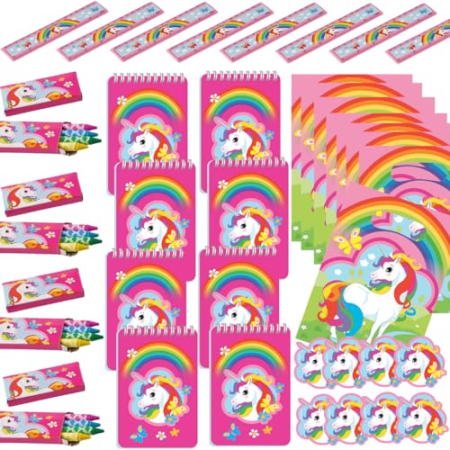 Carpeta 28-teiliges Mitgebsel-Set * Regenbogen Einhorn * für Mottoparty und Kindergeburtstag mit Partytüten, Schreibblöcke, Lineale, Stifte und Sticker | Rainbow Unicorn Party Geburtstag von Carpeta