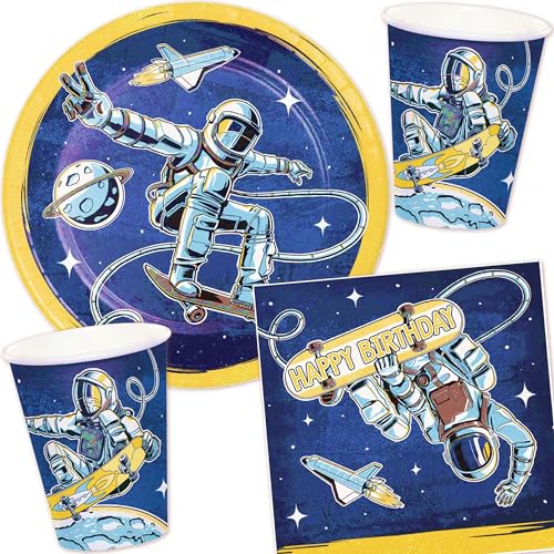 Carpeta 33-TLG Party-Set * Space Skater * für 8 Kinder mit Teller + Becher + Servietten + Luftballons | Weltraum Astronaut Rakete Kindergeburtstag Geburtstag Deko von Carpeta